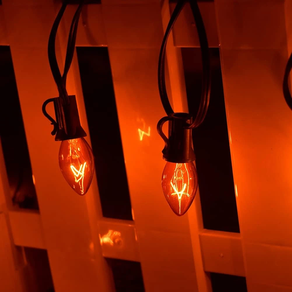 Lumières De Noël Orange SUNSGNE C7, Lumières De Cordes Orange Extérieures 25Ft Avec 27 Ampoules Orange Clair ( 2 Pièces De Rechange ), Lumières De Noël Vintage Pour Patio, Café, Fête, Vacances, Décoration De Noël - Fil Noir 6 Lumières De Noël Orange SUNSGNE C7, Lumières De Cordes Orange Extérieures 25Ft Avec 27 Ampoules Orange Clair ( 2 Pièces De Rechange ), Lumières De Noël Vintage Pour Patio, Café, Fête, Vacances, Décoration De Noël - Fil Noir - Image 4