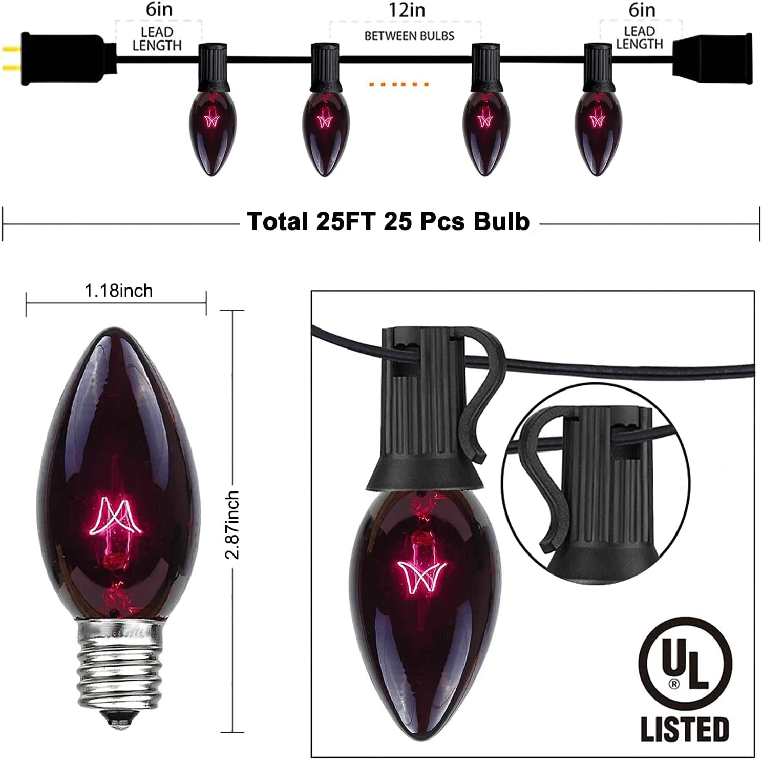 Feux De Chaîne De Noël Noir Abeja C9, Feux De Noël Vintage 25Ft Avec 26 Ampoules Violettes Noires ( 1 Pièce De Rechange ), Feux De Chaîne De Terrasse Connectables Pour Décor De Vacances De Toit De Noël Patio, Fil Noir 5 Feux De Chaîne De Noël Noir Abeja C9, Feux De Noël Vintage 25Ft Avec 26 Ampoules Violettes Noires ( 1 Pièce De Rechange ), Feux De Chaîne De Terrasse Connectables Pour Décor De Vacances De Toit De Noël Patio, Fil Noir - Image 3