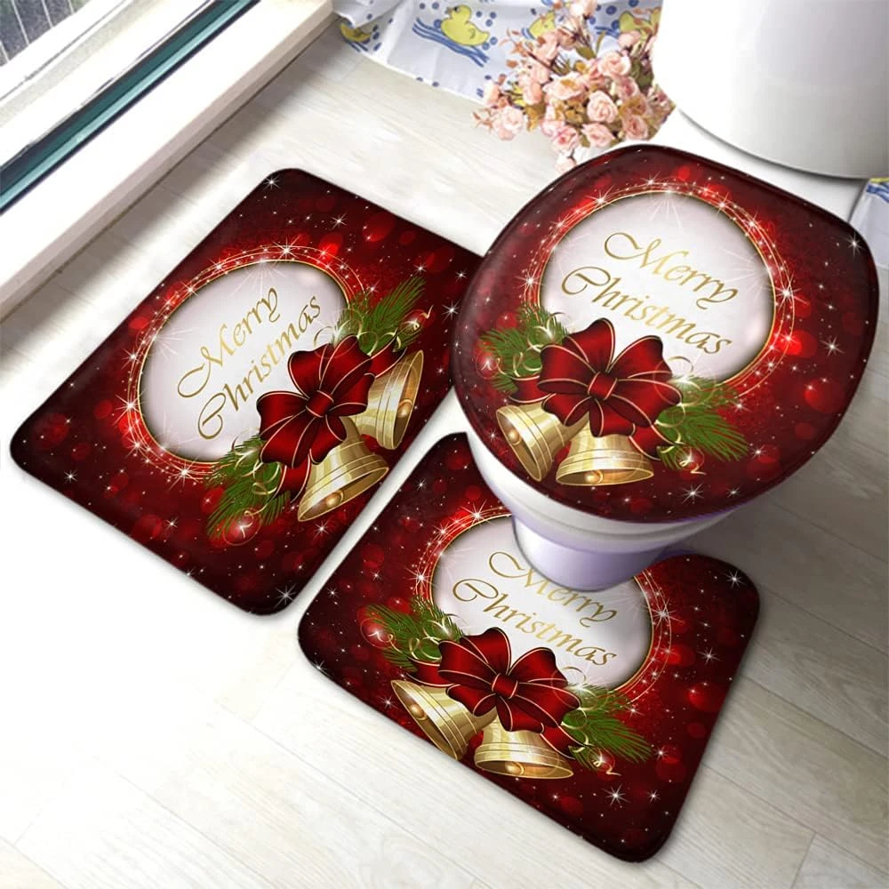 Wondertify Cloches De Noël Salle De Bains Antidérapant Pad Bow Et Flocons De Neige 3 Pièces Salle De Bains Tapis Ensemble, Bath Mat+Contour+Toilet Couvercle Rouge Or Vert 2 Wondertify Cloches De Noël Salle De Bains Antidérapant Pad Bow Et Flocons De Neige 3 Pièces Salle De Bains Tapis Ensemble, Bath Mat+Contour+Toilet Couvercle Rouge Or Vert