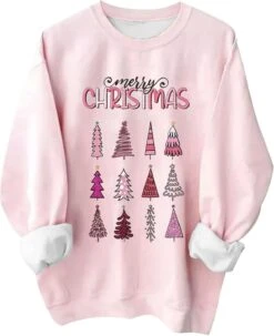 Joyeux Noël Sweatshirts Pour Femmes Mignon Arbre De Noël Rose Sweat Adolescents Crewneck Polaire Chemises De Vacances Tops