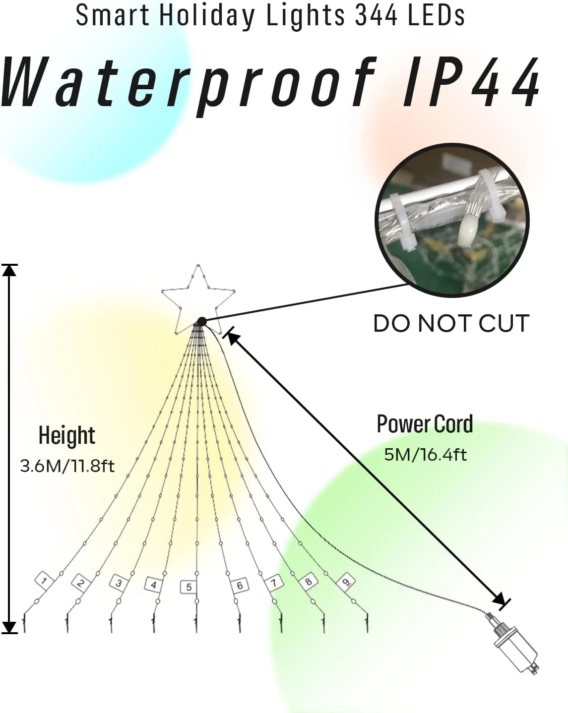 Lumières De Décorations De Noël En Plein Air Avec Étoile, Smart DIY Affichage Personnalisé 11.8Ft 64 Modes Yard Waterfall Tree Halloween String Lights, App Control 344LED RGB Changement De Couleur Music Timer Pour Xmas Tree 8 Lumières De Décorations De Noël En Plein Air Avec Étoile, Smart DIY Affichage Personnalisé 11.8Ft 64 Modes Yard Waterfall Tree Halloween String Lights, App Control 344LED RGB Changement De Couleur Music Timer Pour Xmas Tree - Image 6