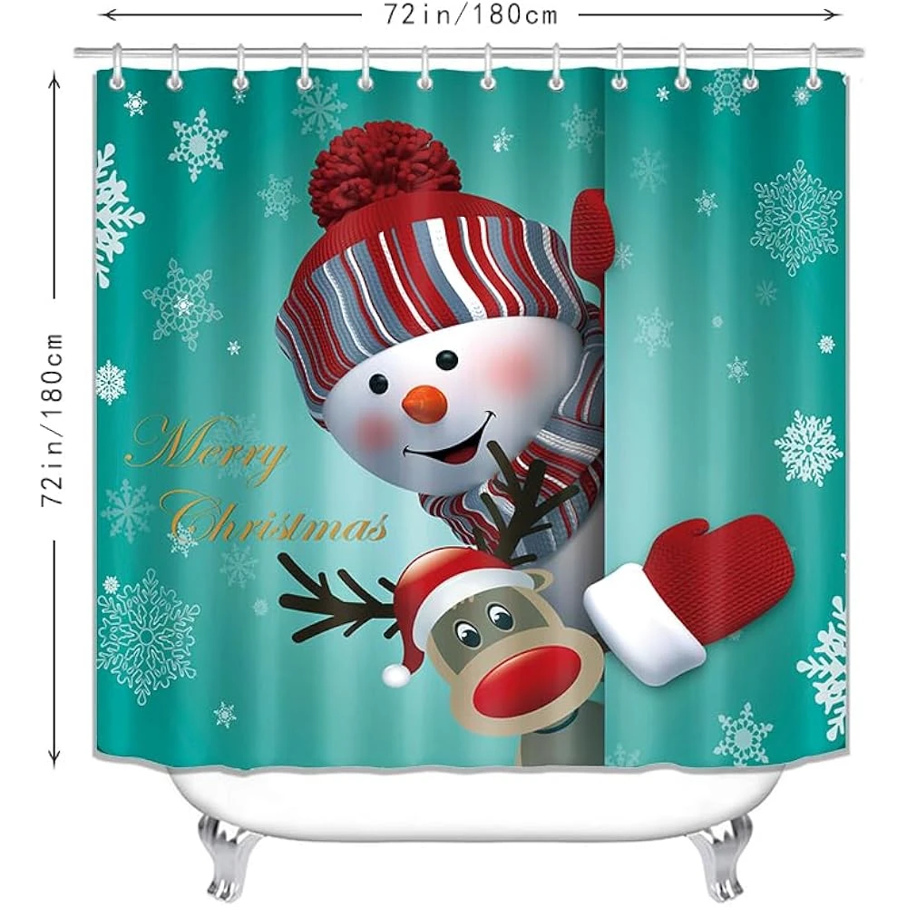 Joyeux Noël Douche Rideau Ensembles Pour Salle De Bains, 4Pcs Xmas Rideau De Douche/Non-Slip Salle De Bains Tapis/Couvercle De Toilette Couvercle/Bain Tapis, Drôle Père Noël Elk Bonhomme De Neige Cloche Car Tapis Décor (Snowman & Elk) 4 Joyeux Noël Douche Rideau Ensembles Pour Salle De Bains, 4Pcs Xmas Rideau De Douche/Non-Slip Salle De Bains Tapis/Couvercle De Toilette Couvercle/Bain Tapis, Drôle Père Noël Elk Bonhomme De Neige Cloche Car Tapis Décor (Snowman & Elk) - Image 2