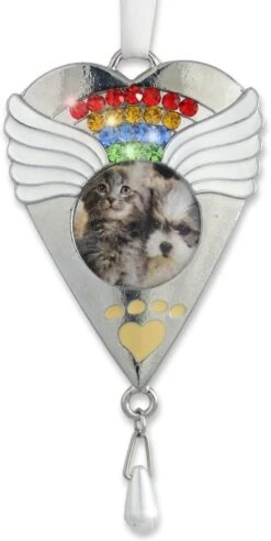 Rainbow Bridge Pet Memorial Photo Ornement De Noël - Silver Heart Shaped Photo Opening With Rainbow Crystals Photo Opening Is 1.25" D