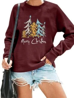 Femmes Sweat De Noël Leopard Noël Arbre Imprimer Chemisier Drôle Lettre Graphique Haut à Manches Longues T-shirt