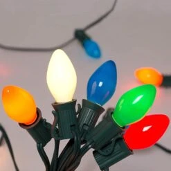 Lumières De Noël Multicolores 25Ft, Lumières De Cordes Vintage C7 Avec 27 Ampoules En Verre Céramique Multicolore, Lumières De Cordes Extérieures Suspendues Pour Les Vacances, Décoration De Mariage De Fête De Noël, Fil Vert