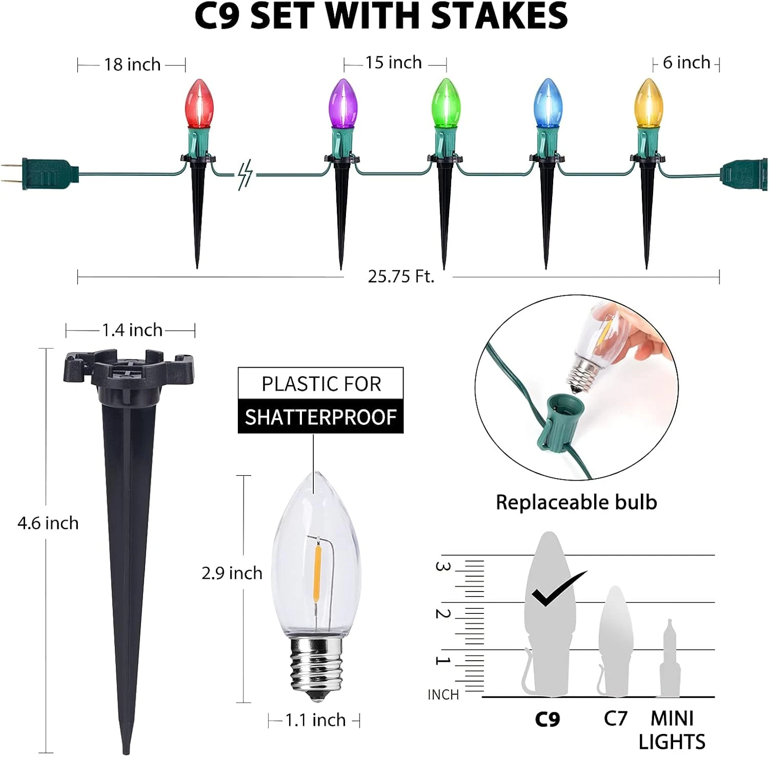 C9 Christmas String Lights Outdoor - 25,7 Pieds 20 Lumières LED Pour Le Chemin De Noël Avec 20 Piquets Connectable étanche Pour Les Allées De Noël Décoration Du Patio, Multicolore 8 C9 Christmas String Lights Outdoor - 25,7 Pieds 20 Lumières LED Pour Le Chemin De Noël Avec 20 Piquets Connectable étanche Pour Les Allées De Noël Décoration Du Patio, Multicolore - Image 6