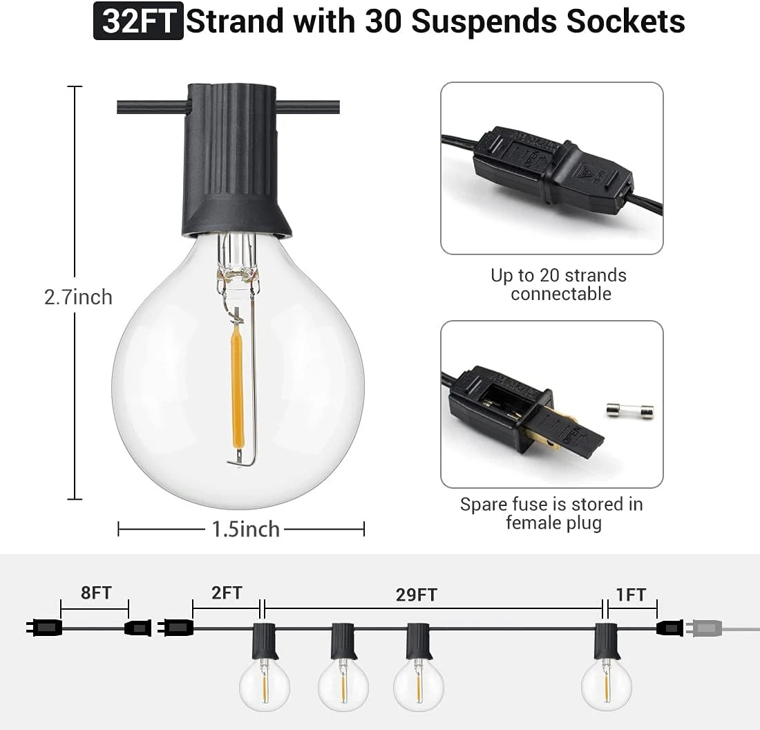 Quntis LED Outdoor String Lights - Étanche 32FT G40 Globe String Lights Avec 30+3 Ampoules Patio String Lights Suspendu Pour Jardin Porche Bistro Fête De Mariage Noël, UL Listé, Blanc Chaud 8 Quntis LED Outdoor String Lights - Étanche 32FT G40 Globe String Lights Avec 30+3 Ampoules Patio String Lights Suspendu Pour Jardin Porche Bistro Fête De Mariage Noël, UL Listé, Blanc Chaud - Image 6