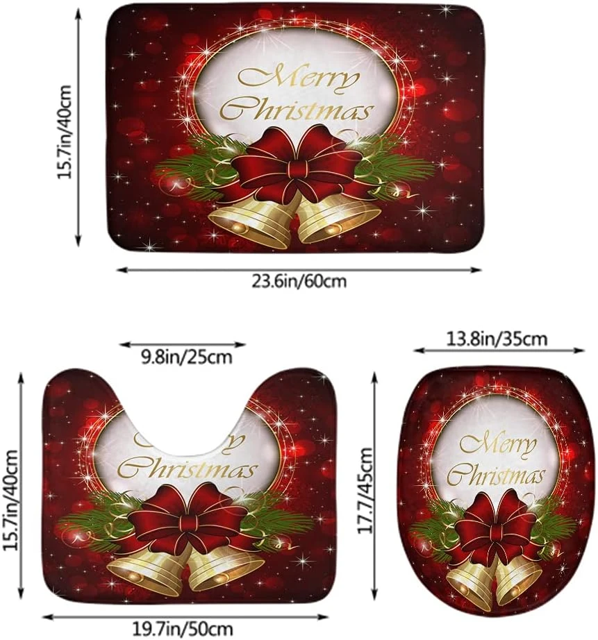 Wondertify Cloches De Noël Salle De Bains Antidérapant Pad Bow Et Flocons De Neige 3 Pièces Salle De Bains Tapis Ensemble, Bath Mat+Contour+Toilet Couvercle Rouge Or Vert 4 Wondertify Cloches De Noël Salle De Bains Antidérapant Pad Bow Et Flocons De Neige 3 Pièces Salle De Bains Tapis Ensemble, Bath Mat+Contour+Toilet Couvercle Rouge Or Vert - Image 3
