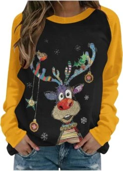JIOAKFA Dames Chemise De Noël 3X,Funny Reindeer Blouses,Raglan Manches Longues Sweatshirts, Oversized Crew Neck Pullover Tops