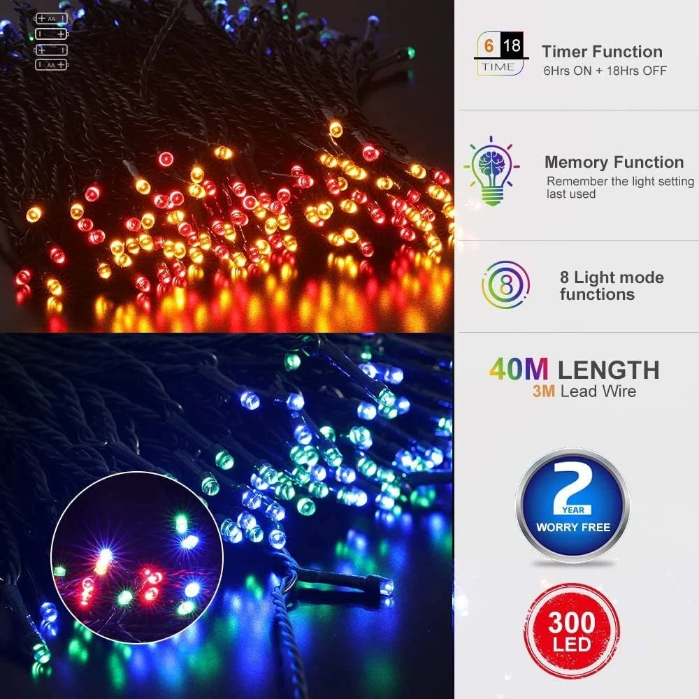 Quntis Batterie Fonctionné Lumières De Noël - 132FT 300LEDs Étanche Batterie String Lumières Extérieur Intérieur 8 Modes LED Arbre De Noël Lumières Avec Minuterie Décoration Pour Noël Arbre Garden Party - Multicolore 4 Quntis Batterie Fonctionné Lumières De Noël - 132FT 300LEDs Étanche Batterie String Lumières Extérieur Intérieur 8 Modes LED Arbre De Noël Lumières Avec Minuterie Décoration Pour Noël Arbre Garden Party - Multicolore - Image 2