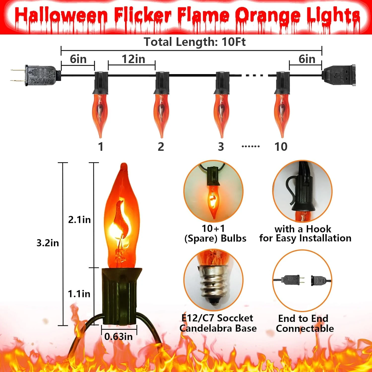 Halloween Flicker Flame Lights Orange String Lights, 10Ft C7 Vintage Flickering Flame Lights 10 Orange Flame Light Bulbs, Halloween String Light Pour Intérieur Extérieur Halloween Décorations De Noël 4 Halloween Flicker Flame Lights Orange String Lights, 10Ft C7 Vintage Flickering Flame Lights 10 Orange Flame Light Bulbs, Halloween String Light Pour Intérieur Extérieur Halloween Décorations De Noël - Image 2