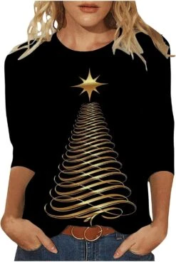3/4 Manches Chemises Pour Femmes Crewneck Noël Tunique Tops Sparkly Neon Starry Print Nouveauté Xmas Party Chemise Blouses