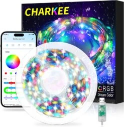 CHARKEE 50ft RGB-IC LED Fées Lumières Pour Chambre, 150 LED Cordes Lumières Intérieur Avec APP, Twinkle Fée Lumières USB Plug In, Chasing Effet Musique Sync Extérieur, Fête, Mariage, Noël Lumières Décoration