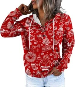 Pitauce Joyeux Noël Hoodies Pour Femmes Bouton Down Reindeer Imprimé Tops À Manches Longues Pull Sweatshirts À Capuche Pullover