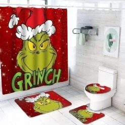 Rideau De Douche De Noël 4 Ensembles De Pièces Avec Des Tapis Antidérapants, Couvercle De Couvercle De Toilette Et Tapis De Bain, Rideau De Douche De Noël Avec 12 Crochets Ensemble De Salle De Bains Décor De Maison De Vacances