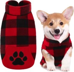 Rouge Et Noir Plaid Polaire Chien Gilet Vêtements Avec Pawprint Poche, Chaud Chien Chemise Pull Pull Chandail Pet Manteau Veste Vêtements Pour Automne Hiver Noël Porter (Small)