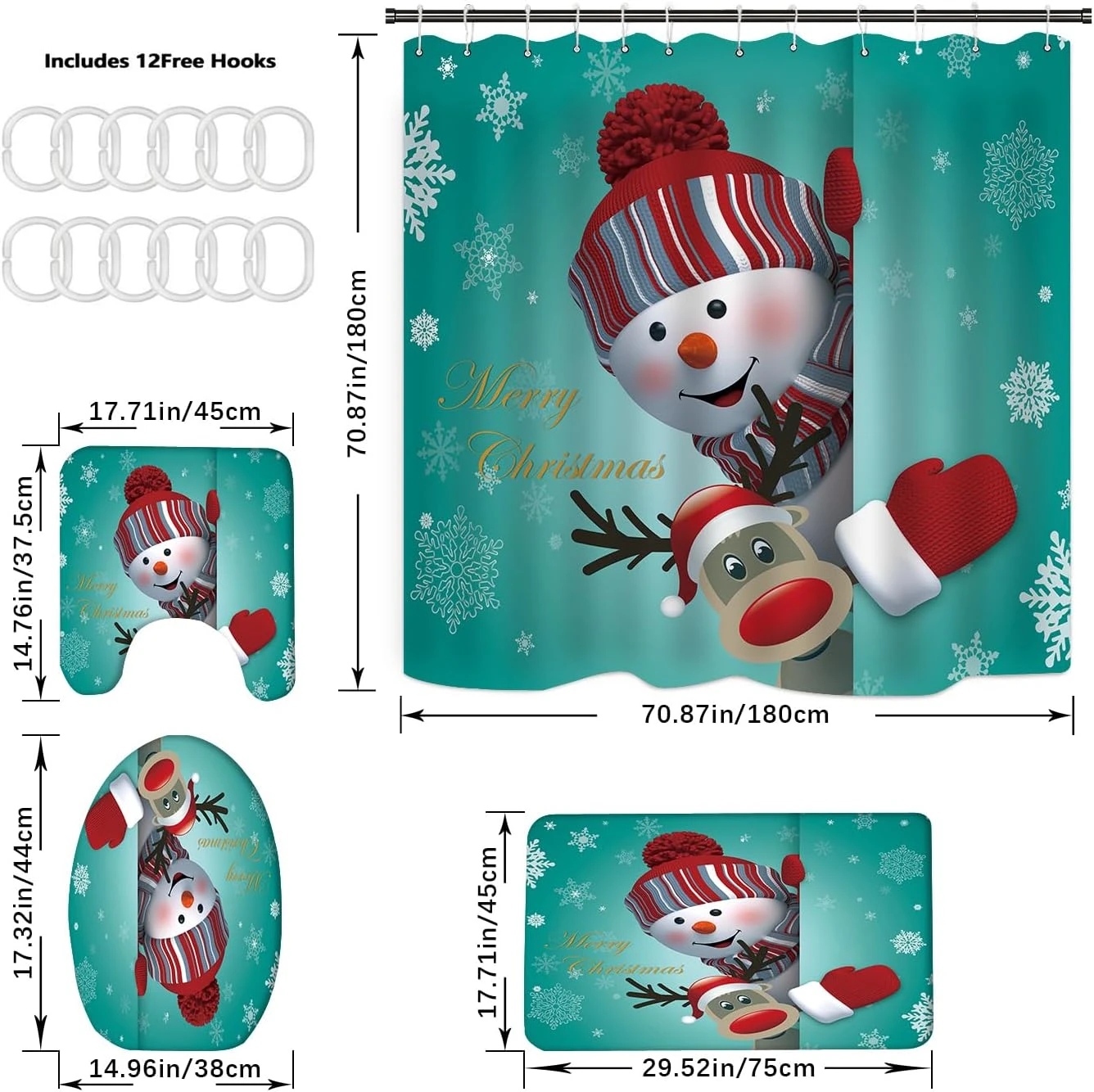 Joyeux Noël Douche Rideau Ensembles Pour Salle De Bains, 4Pcs Xmas Rideau De Douche/Non-Slip Salle De Bains Tapis/Couvercle De Toilette Couvercle/Bain Tapis, Drôle Père Noël Elk Bonhomme De Neige Cloche Car Tapis Décor (Snowman & Elk) 6 Joyeux Noël Douche Rideau Ensembles Pour Salle De Bains, 4Pcs Xmas Rideau De Douche/Non-Slip Salle De Bains Tapis/Couvercle De Toilette Couvercle/Bain Tapis, Drôle Père Noël Elk Bonhomme De Neige Cloche Car Tapis Décor (Snowman & Elk) - Image 4