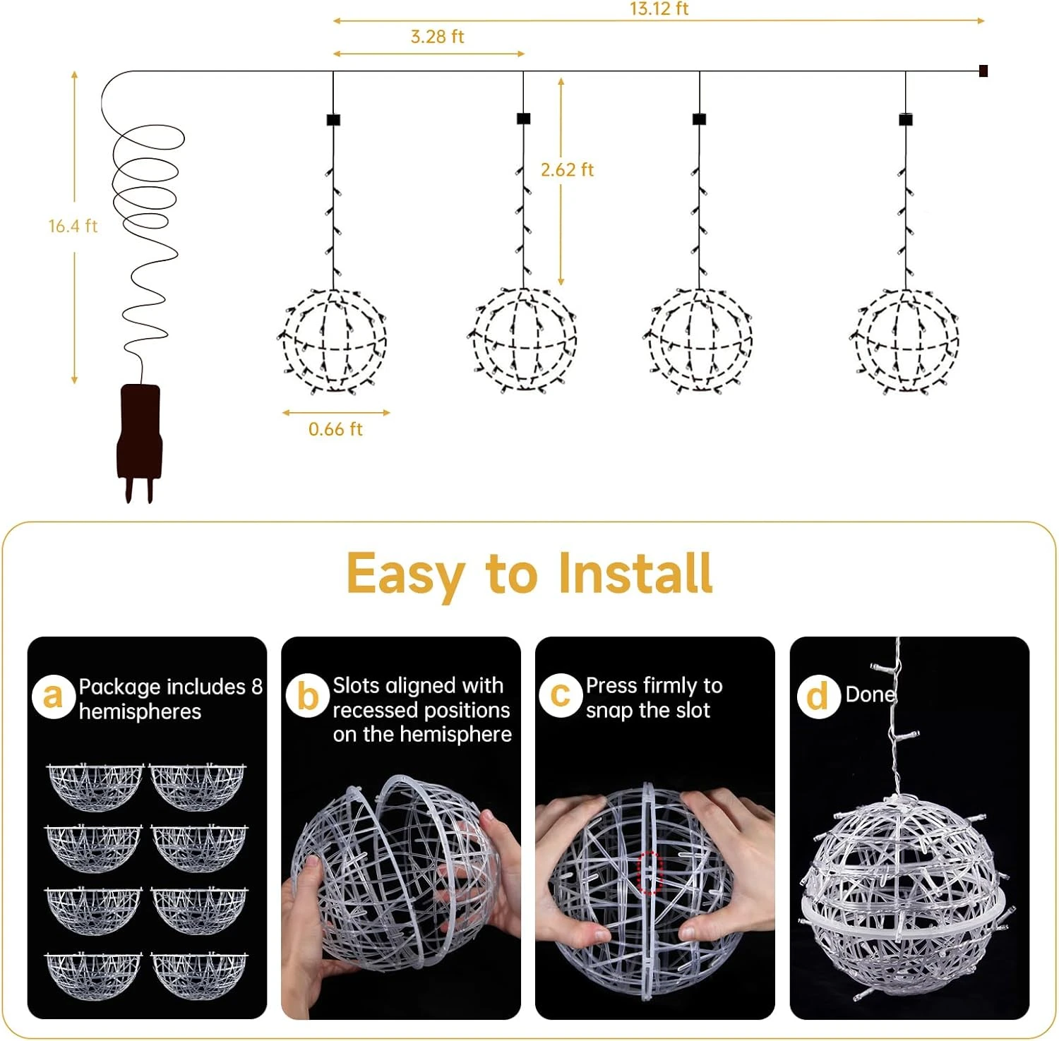 Baung Outdoor Globe Suspendu String Lights, 4 Pack 7.87" Lumières Sphère,Ball Tree Garden Lights Pour La Maison, Fête, Noël, Porche Patio,Mariage, Jardin, Décoration D'arbre Avec Plug(Warm White) 8 Baung Outdoor Globe Suspendu String Lights, 4 Pack 7.87" Lumières Sphère,Ball Tree Garden Lights Pour La Maison, Fête, Noël, Porche Patio,Mariage, Jardin, Décoration D'arbre Avec Plug(Warm White) - Image 6
