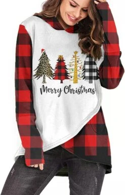 Ugly Noël Hoodie Pour Femmes Xmas Arbre Graphique Sweatshirts Plaid À Manches Longues Irrégulier Tops Drôle Vacances Hoodies