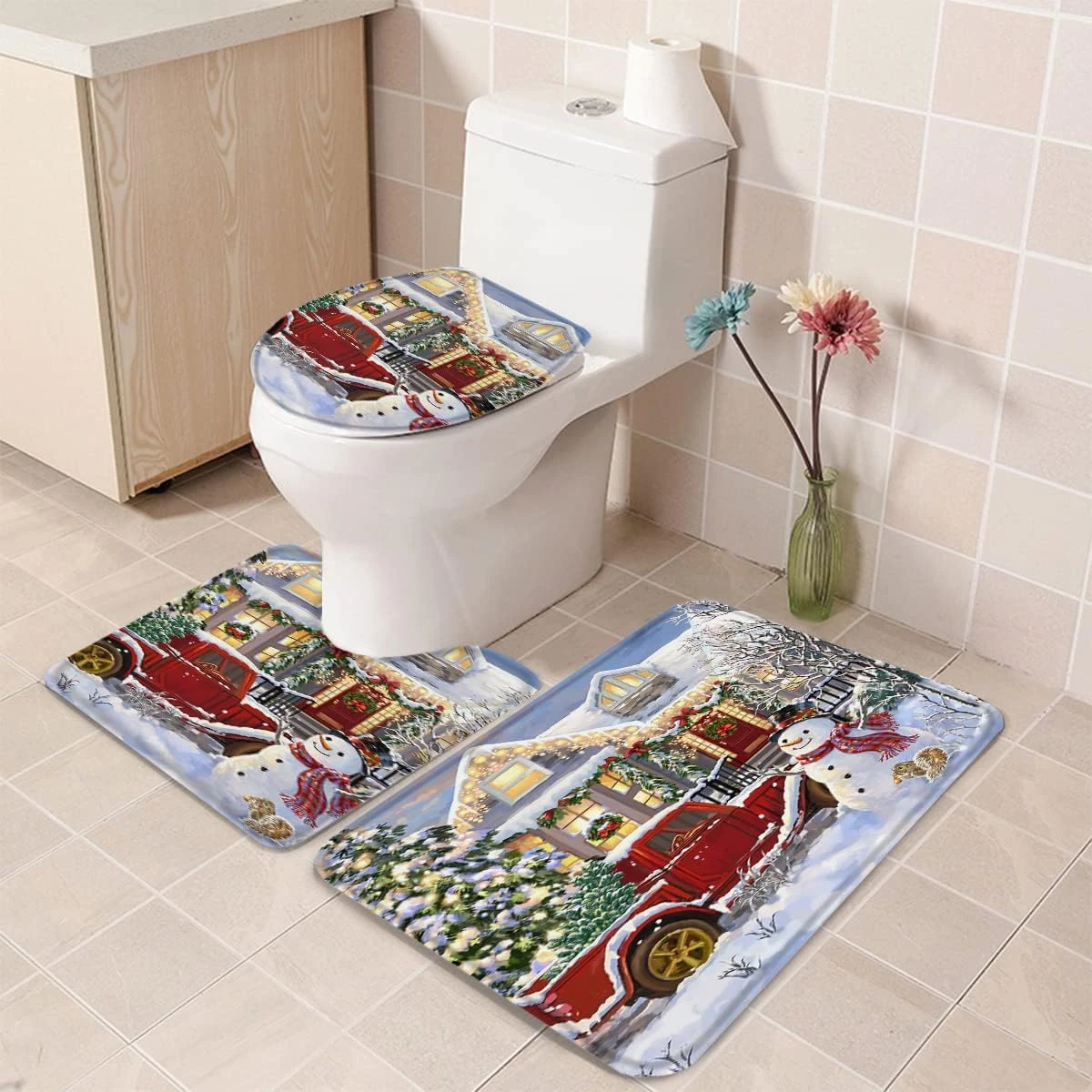 Libaoge Salle De Bains Tapis Ensembles 3 Pièce/Ensemble Tapis Joyeux Noël Bonhomme De Neige Et Rouge Camion Mousse À Mémoire Tapis Ensemble Matchs Anti-Dérapant Absorbant Siège De Toilette Couverture Tapis De Bain Couvercle Couvercle 18"x30"+14"x18"+15"x18" 6 Libaoge Salle De Bains Tapis Ensembles 3 Pièce/Ensemble Tapis Joyeux Noël Bonhomme De Neige Et Rouge Camion Mousse À Mémoire Tapis Ensemble Matchs Anti-Dérapant Absorbant Siège De Toilette Couverture Tapis De Bain Couvercle Couvercle 18"x30"+14"x18"+15"x18" - Image 4