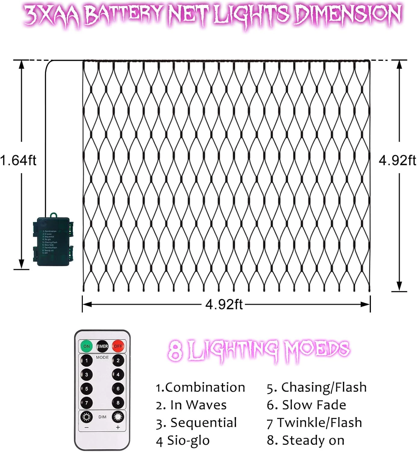 Purple Orange Halloween Net Lumières Batterie Fonctionnée, 4.9ft ×4.9ft 100 LED Net Fées Lumières 8 Modes Télécommande Dimmable Jardin Patio Mesh Éclairage Pour Bush Deck Clôture Wall Party Mariage Noël 9 Purple Orange Halloween Net Lumières Batterie Fonctionnée, 4.9ft ×4.9ft 100 LED Net Fées Lumières 8 Modes Télécommande Dimmable Jardin Patio Mesh Éclairage Pour Bush Deck Clôture Wall Party Mariage Noël - Image 7