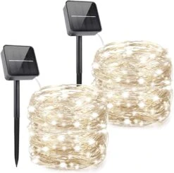 MUMUXI 2 Pack 33Ft 100 LED Solaire Chaîne Lumières En Plein Air Fées Lumières Solaire Alimenté Avec 8 Modes D'éclairage Étanche Fil De Cuivre Twinkle Lumières Pour Patio Yard Arbres Fête De Mariage De Noël, Cool Blanc