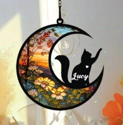 Cat Memorial Suncatcher, Personnalisé Avec Nom Date Race Chat Suncatcher, Pet Loss Suncatcher, Stained Glass Light Catcher, Cadeaux Pour Les Amoureux Des Chats, Noël Chat Ornement Fenêtre Hangings M