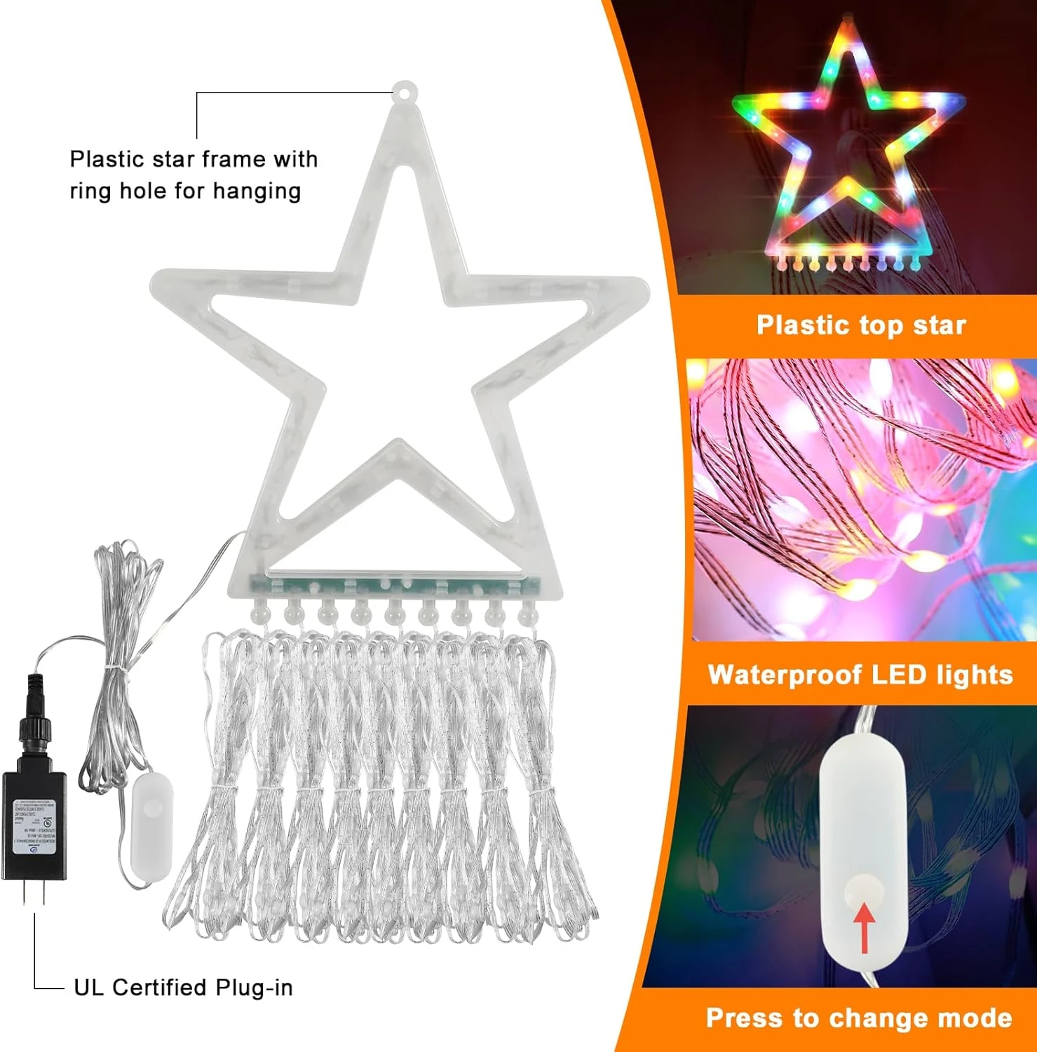 PUHONG Décoration De Noël Star Flowing Multicolore Changement De Couleur Lumières En Plein Air, 320 LED 16.4Ft Star Waterfall Arbre Lumières Avec 8 Modes D'éclairage Télécommande, Pour Noël Nouvel An Anniversaire 5 PUHONG Décoration De Noël Star Flowing Multicolore Changement De Couleur Lumières En Plein Air, 320 LED 16.4Ft Star Waterfall Arbre Lumières Avec 8 Modes D'éclairage Télécommande, Pour Noël Nouvel An Anniversaire - Image 3