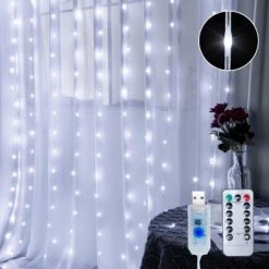 Lumières De Chaîne De Rideau Hopolon Avec Télécommande, 300LED 8 Modes 9,8ftx9,8ft 4,5V Lampes De Rideau Alimentées Par USB Pour Mariage à Domicile Famille De Fête De Noël Chambre De Jardin Salle De Chambre Décor Mural Extérieur Extérieur (blanc Froid)