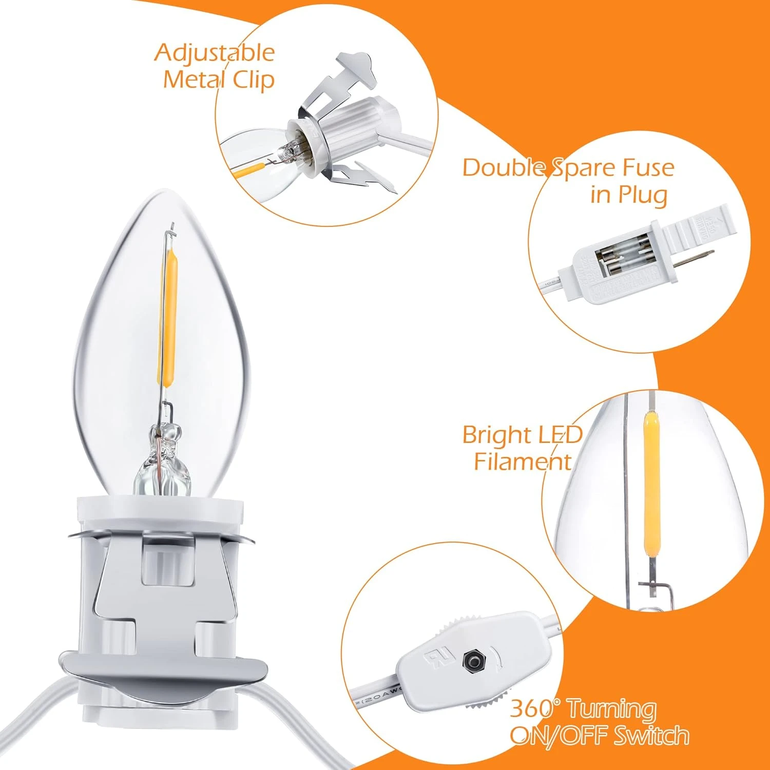 Cordon Accessoire En Méon Avec Ampoule LED C7 Cord Clip Lights Avec Double Fusible De Rechange, Décoration De Lumières De Chaîne De Noël En Moule Soufflé Pour Noël Maison De Village, Décorateur De Vacances En Agrafes à Citrouille ( 18 Ampoule LED ) 7 Cordon Accessoire En Méon Avec Ampoule LED C7 Cord Clip Lights Avec Double Fusible De Rechange, Décoration De Lumières De Chaîne De Noël En Moule Soufflé Pour Noël Maison De Village, Décorateur De Vacances En Agrafes à Citrouille ( 18 Ampoule LED ) - Image 5