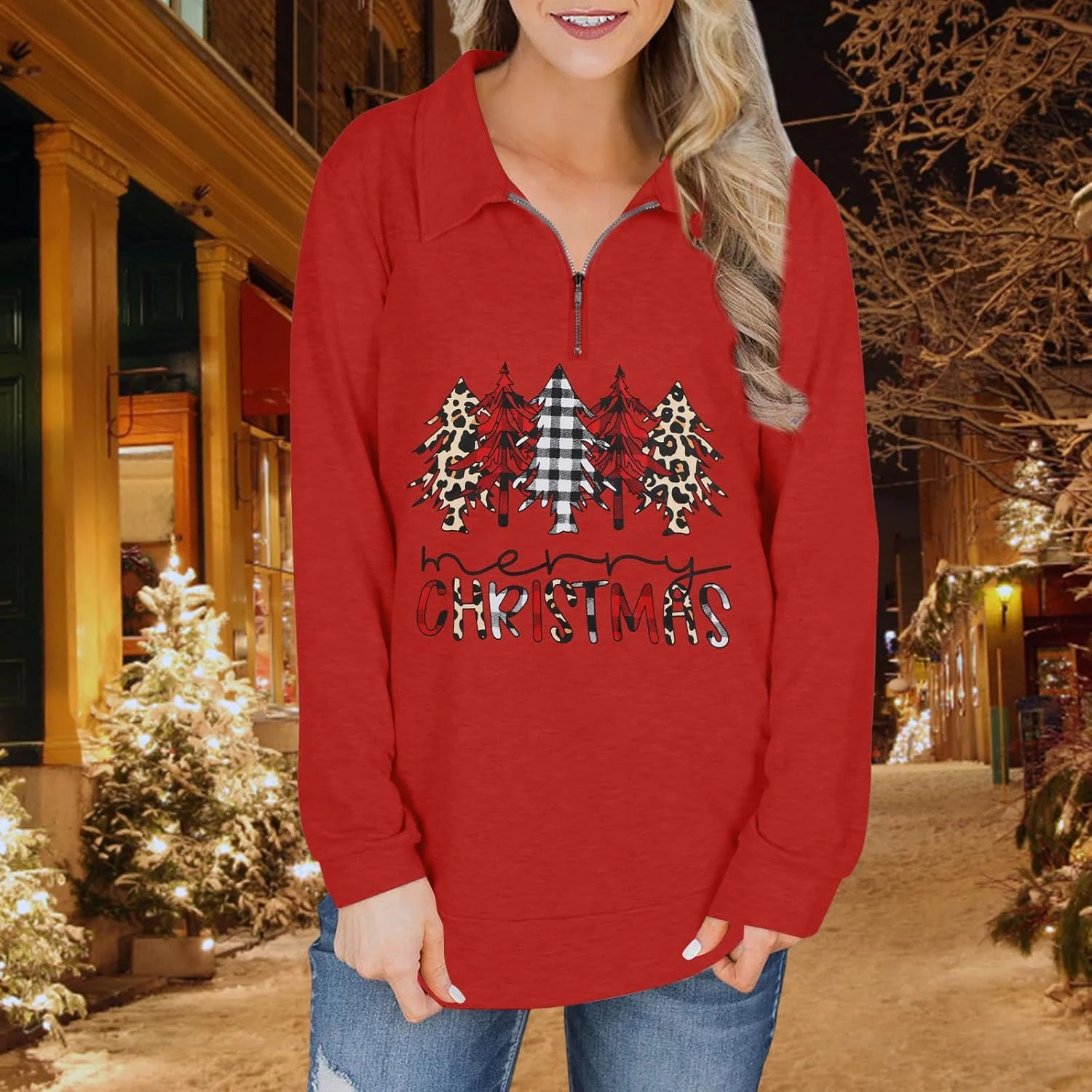 FLOYU Femmes Noël Manches Longues Quartier Zipper Lapel Casual Pullo Top Color Block Sweatshirts 4 FLOYU Femmes Noël Manches Longues Quartier Zipper Lapel Casual Pullo Top Color Block Sweatshirts - Image 2