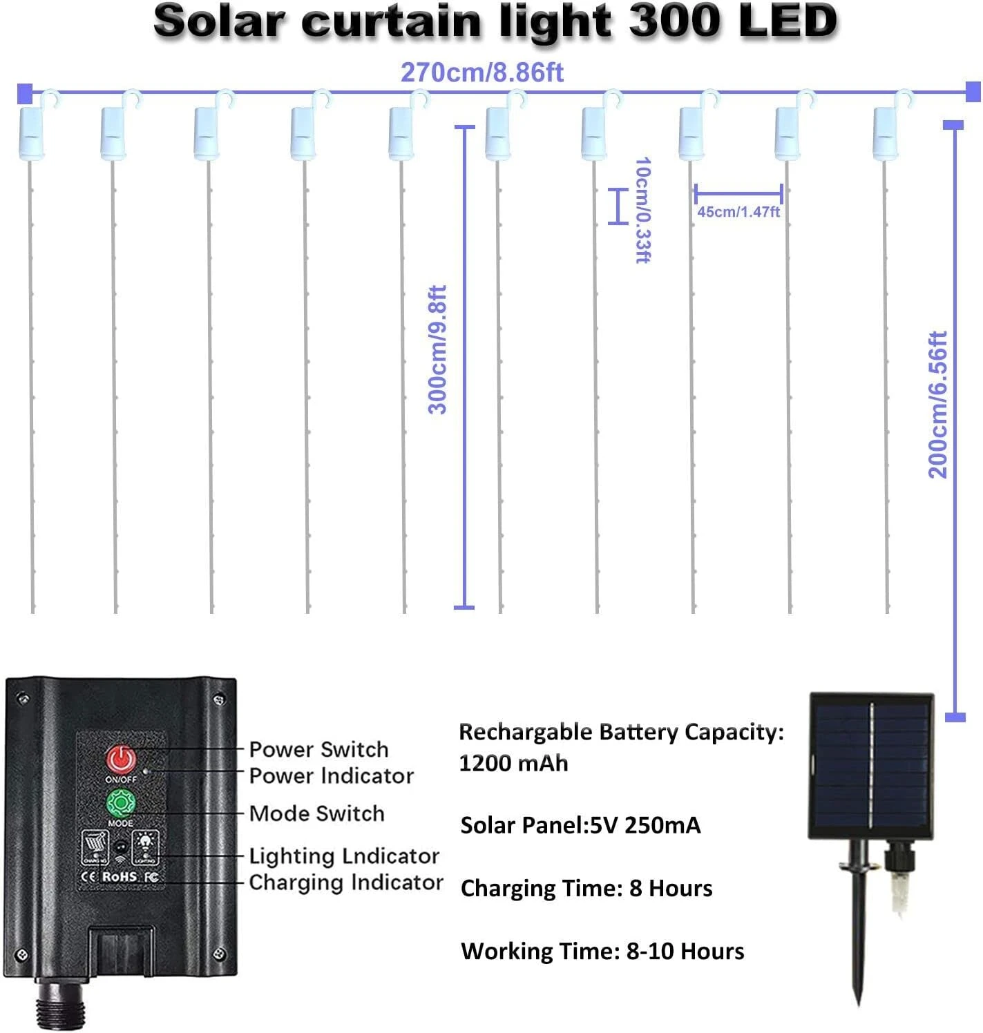 300 LED Solaire Rideau Lumière Extérieur Télécommande 8 Modes D'éclairage Fées Lumières, IP65 Étanche Cuivre Fil Lumières Pour Fête De Noël Mariage Maison Jardin Mur Décorations (Warm) 8 300 LED Solaire Rideau Lumière Extérieur Télécommande 8 Modes D'éclairage Fées Lumières, IP65 Étanche Cuivre Fil Lumières Pour Fête De Noël Mariage Maison Jardin Mur Décorations (Warm) - Image 6