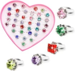 Anneaux De Bijoux En Cristal Newmemo Pour Les Enfants 36pcs Filles Anneaux Réglables Princesse Bijoux Anneaux De Doigt Avec Boîte De Forme De Coeur Faire Semblant Jouer Et Habiller Bague Cadeau De Noël Pour Enfant Enfant