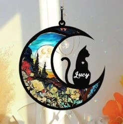 Black Cat Memorial Suncatcher, Nom Personnalisé Date Race De Chat Suncatcher, Pet Loss Suncatcher, Stained Glass Light Catcher, Cadeaux Pour Les Amateurs De Chat, Noël Chat Ornement Fenêtre Hangings