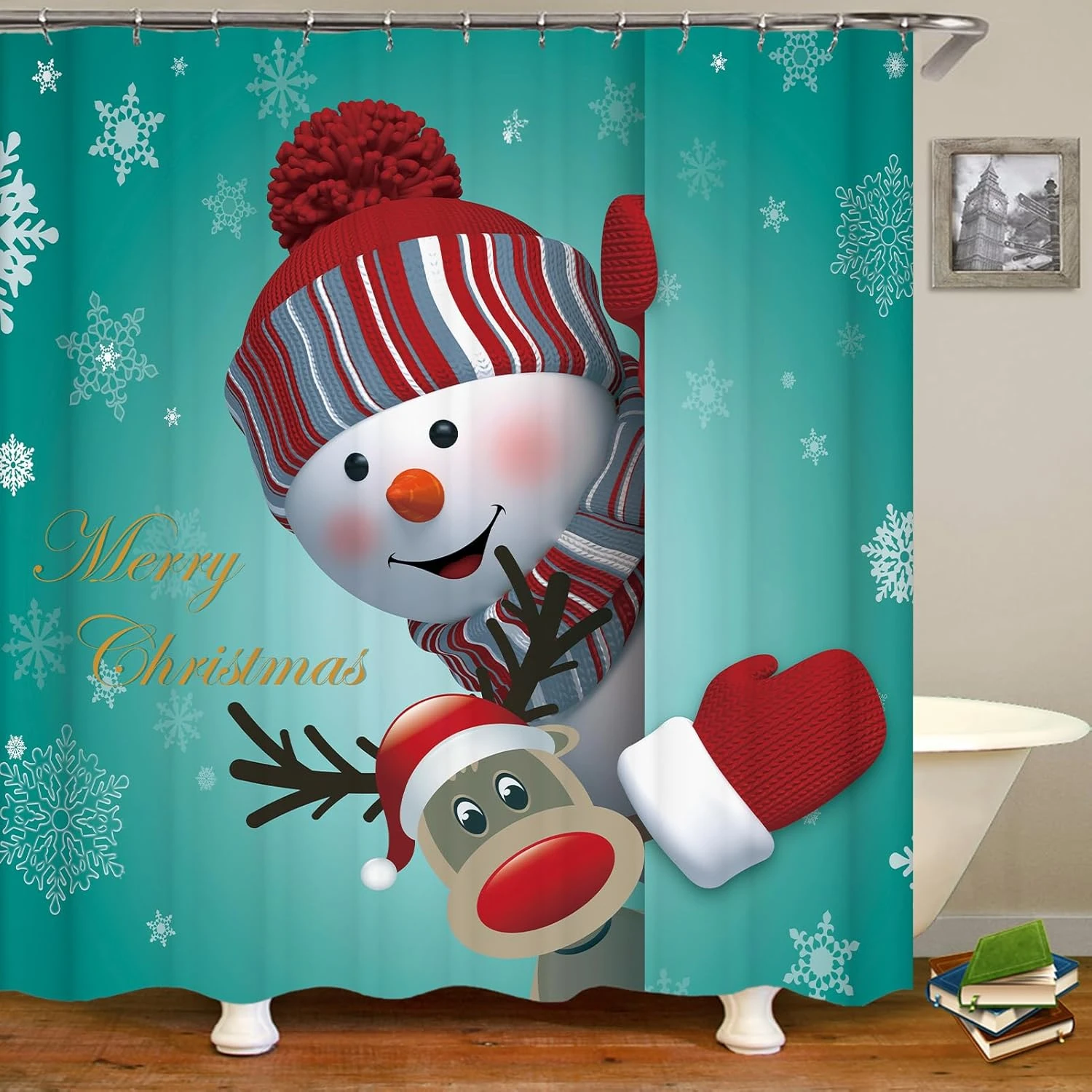 Joyeux Noël Douche Rideau Ensembles Pour Salle De Bains, 4Pcs Xmas Rideau De Douche/Non-Slip Salle De Bains Tapis/Couvercle De Toilette Couvercle/Bain Tapis, Drôle Père Noël Elk Bonhomme De Neige Cloche Car Tapis Décor (Snowman & Elk) 3 Joyeux Noël Douche Rideau Ensembles Pour Salle De Bains, 4Pcs Xmas Rideau De Douche/Non-Slip Salle De Bains Tapis/Couvercle De Toilette Couvercle/Bain Tapis, Drôle Père Noël Elk Bonhomme De Neige Cloche Car Tapis Décor (Snowman & Elk)
