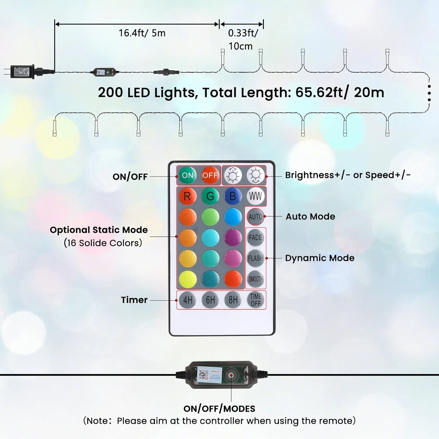Lumières De Noël En Toodour Lumières à Cordes RVB - 82 Pieds 200 LED 16 Couleurs Changeant Les Lumières De Noël Avec Télécommande Et Minuterie, Lumières D'arbre Multicolore étanchéité Pour Les Décorations De Noël Extérieures Intérieures 10 Lumières De Noël En Toodour Lumières à Cordes RVB - 82 Pieds 200 LED 16 Couleurs Changeant Les Lumières De Noël Avec Télécommande Et Minuterie, Lumières D'arbre Multicolore étanchéité Pour Les Décorations De Noël Extérieures Intérieures - Image 8