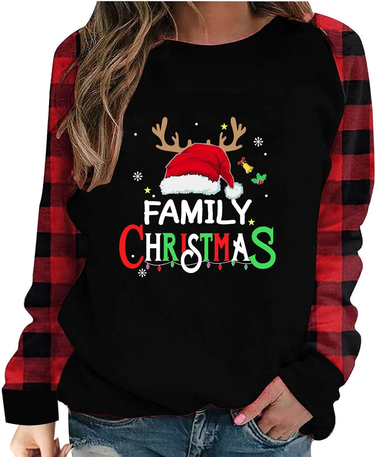 Joyeux Noël Sweatshirts Pour Femmes Plaid Manches Longues Chemises Mignon Xmas Arbre Lettre Imprimer Crewneck Pullover Tops 5 Joyeux Noël Sweatshirts Pour Femmes Plaid Manches Longues Chemises Mignon Xmas Arbre Lettre Imprimer Crewneck Pullover Tops - Image 3