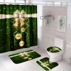 GRIEKOWE Noël Rideau De Douche Ensembles Avec Non-Slip Tapis, Couvercle De Toilette Et Tapis De Bain, Golden Bell Décor Avec Fond Vert Rideau De Bain De Noël, Décor De Noël Avec Crochets 72×72inch