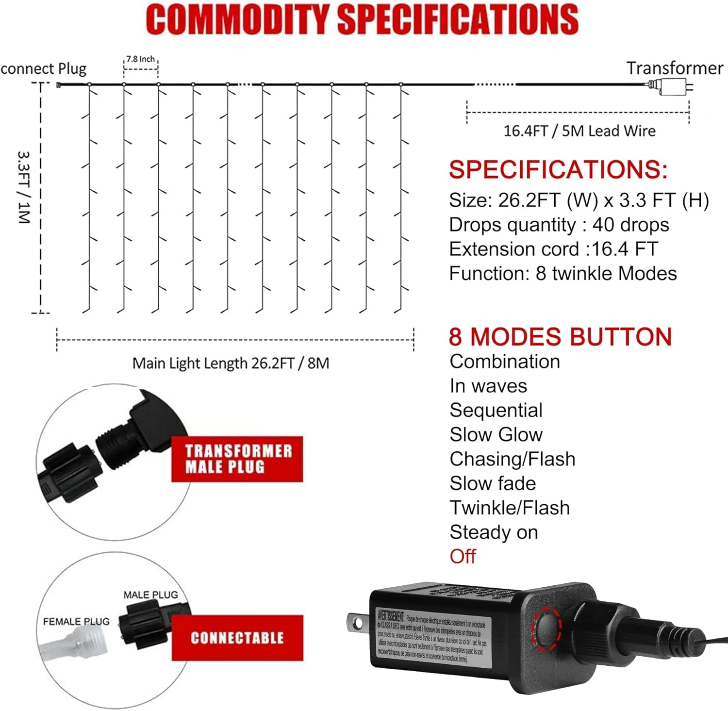 Feux De Rideau Extérieur Kemooie 400 LED, 26,2FT X 3,3FT Feux De Chaîne De Rideau Avec 8 Modes De Brillance Pour La Cérémonie Intérieure Anniversaire Fête De Noël Chambre Balcon Décorations De Toit ( Blanc Chaud ) 5 Feux De Rideau Extérieur Kemooie 400 LED, 26,2FT X 3,3FT Feux De Chaîne De Rideau Avec 8 Modes De Brillance Pour La Cérémonie Intérieure Anniversaire Fête De Noël Chambre Balcon Décorations De Toit ( Blanc Chaud ) - Image 3