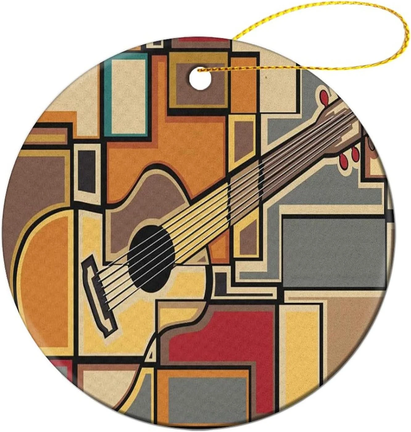 Petits Ornements De Noël Petit Cadeau Pour Femme, Funky Fractal Geometric Square Formed Background Acoustic Guitar Art, Pale Yellow 3 Petits Ornements De Noël Petit Cadeau Pour Femme, Funky Fractal Geometric Square Formed Background Acoustic Guitar Art, Pale Yellow