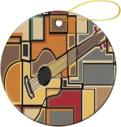 3 Pouce Ornement De Noël Deux-Côté Imprimé Cadeau,Funky Fractal Géométrique Carré En Forme Arrière-plan Acoustique Guitare Art, Pour Vacances