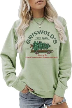 BYIMONN Femmes Sweatshirts Griswold'S Tree Farm Graphic Print Crewneck À Manches Longues Chemise De Noël Pull Tops