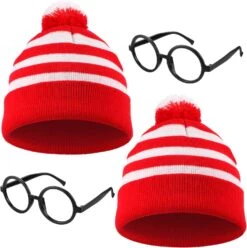 Geyoga 4 Pièces Rouge Blanc Tricot Bonnets Chapeau Et Lunettes Cadres Set Halloween Costumes Rouge Blanc Pompon Manchette Beanie Chapeau Et Rond Rétro Nerd Pas De Lentilles Lunettes Pour Noël Costumes Parti Accessoire