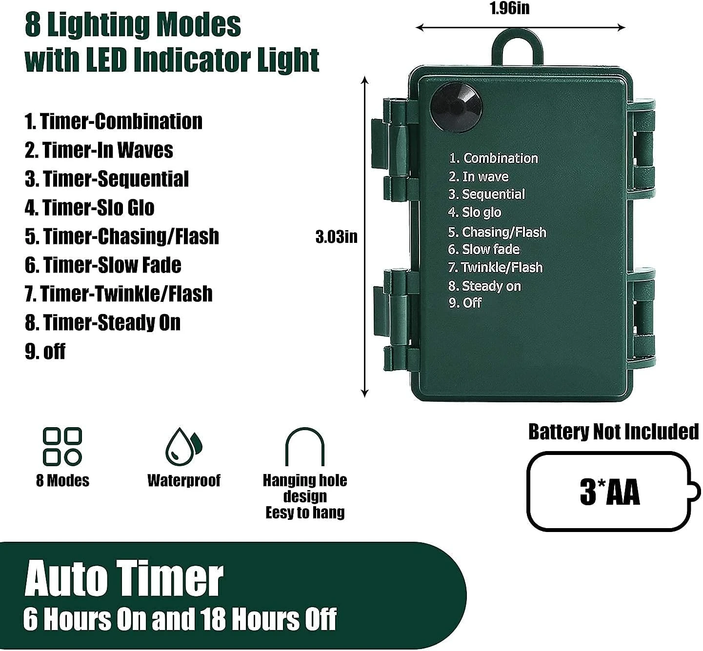Feux De Noël MASHANG, Feux De Chaîne D'extérieur à 18 Pieds 50 LED Avec Minuterie Et 8 Modes, Foudre étanche à Piles 3AA Pour Décoration Extérieure Et Intérieure ( Blanc Chaud ) 10 Feux De Noël MASHANG, Feux De Chaîne D'extérieur à 18 Pieds 50 LED Avec Minuterie Et 8 Modes, Foudre étanche à Piles 3AA Pour Décoration Extérieure Et Intérieure ( Blanc Chaud ) - Image 8