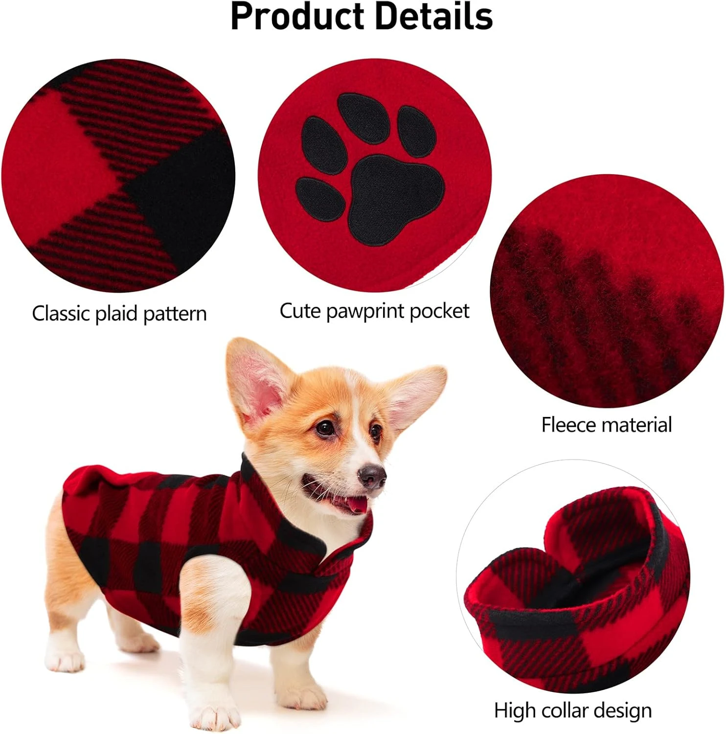 Rouge Et Noir Plaid Polaire Chien Gilet Vêtements Avec Pawprint Poche, Chaud Chien Chemise Pull Pull Chandail Pet Manteau Veste Vêtements Pour Automne Hiver Noël Porter (Small) 5 Rouge Et Noir Plaid Polaire Chien Gilet Vêtements Avec Pawprint Poche, Chaud Chien Chemise Pull Pull Chandail Pet Manteau Veste Vêtements Pour Automne Hiver Noël Porter (Small) - Image 3