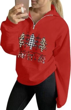 FLOYU Femmes Noël Manches Longues Quartier Zipper Lapel Casual Pullo Top Color Block Sweatshirts