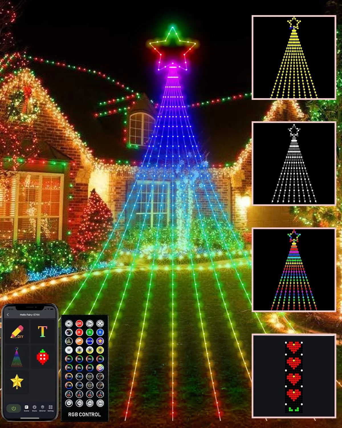Lumières De Décorations De Noël En Plein Air Avec Étoile, Smart DIY Affichage Personnalisé 11.8Ft 64 Modes Yard Waterfall Tree Halloween String Lights, App Control 344LED RGB Changement De Couleur Music Timer Pour Xmas Tree 3 Lumières De Décorations De Noël En Plein Air Avec Étoile, Smart DIY Affichage Personnalisé 11.8Ft 64 Modes Yard Waterfall Tree Halloween String Lights, App Control 344LED RGB Changement De Couleur Music Timer Pour Xmas Tree