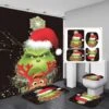 4Pcs Christmas Elk Grinch Rideau De Douche Ensemble Avec Non-Slip Tapis, Tapis De Bain Et Couvercle De Toilette Couverture Pour Salle De Bains L'ourlet Pondéré Polyester, Nouvel An Décor De Vacances D'hiver De Noël Avec 12 Crochets 72x72 In(50)
