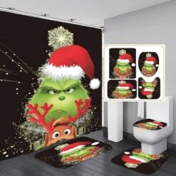 4Pcs Christmas Elk Grinch Rideau De Douche Ensemble Avec Non-Slip Tapis, Tapis De Bain Et Couvercle De Toilette Couverture Pour Salle De Bains L'ourlet Pondéré Polyester, Nouvel An Décor De Vacances D'hiver De Noël Avec 12 Crochets 72x72 In(50)