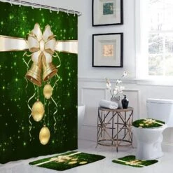 GRIEKOWE Noël Rideau De Douche Ensembles Avec Non-Slip Tapis, Couvercle De Toilette Et Tapis De Bain, Golden Bell Décor Avec Fond Vert Rideau De Bain De Noël, Décor De Noël Avec Crochets 72×72inch -Oui || N/A || pearhead 71vhTH0WPFL. AC SL1500